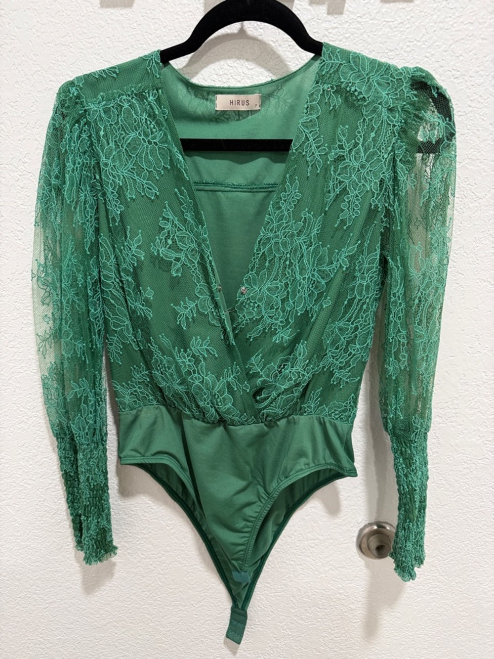 Green Lace Surplice Long-Sleeve Bodysuit